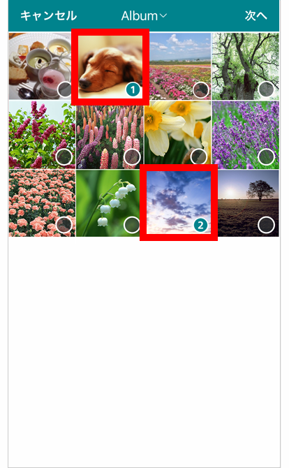 プリントしたい写真をタップして選択。終わったら「次へ」をタップ。
