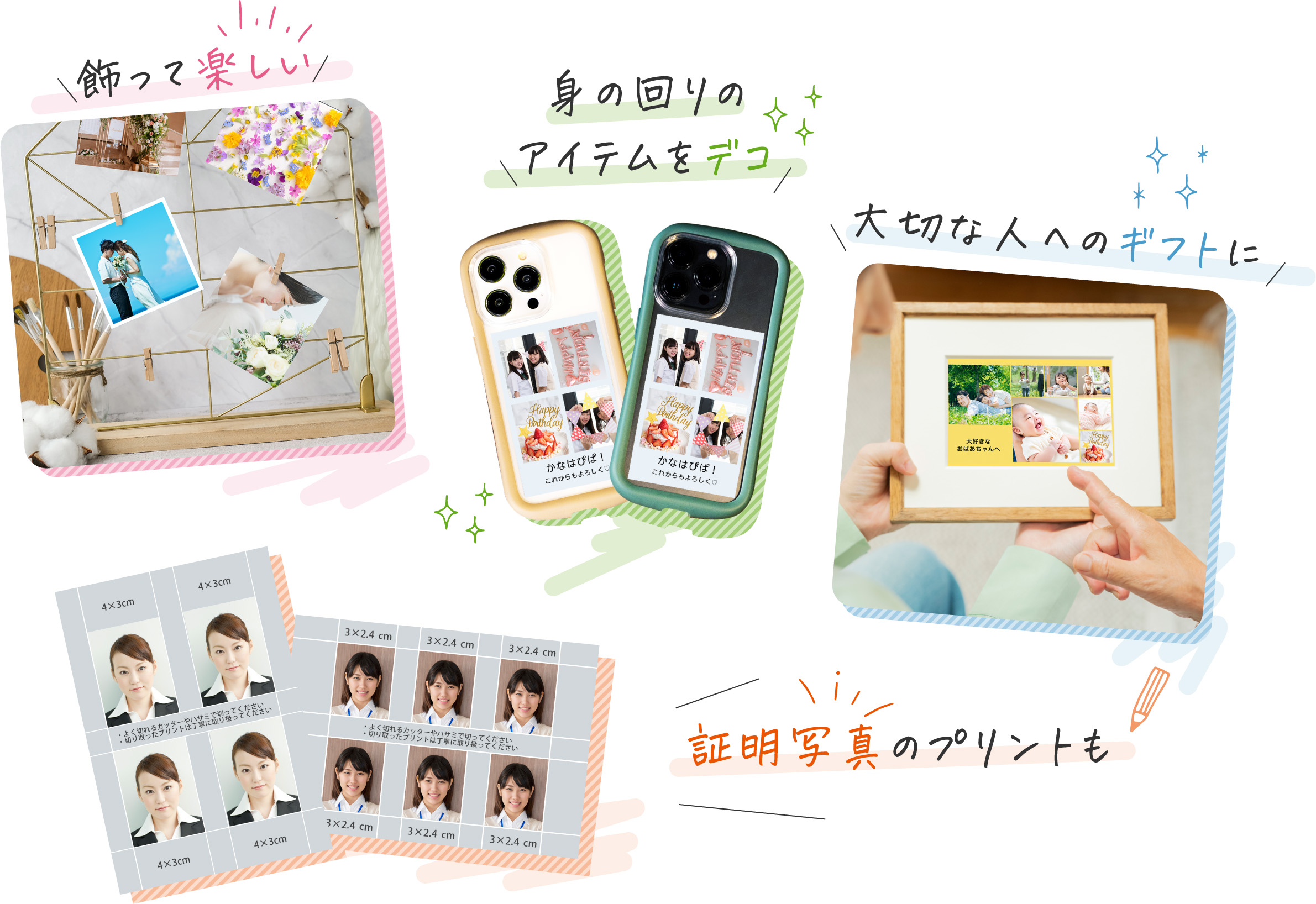 飾って楽しい/身のまわりのアイテムをデコ/大切な人へのギフトに/証明写真のプリントも