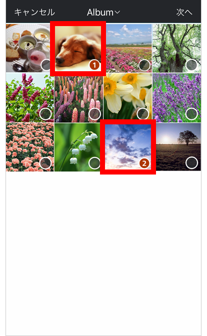 プリントしたい写真をタップして選択。終わったら「次へ」をタップ。