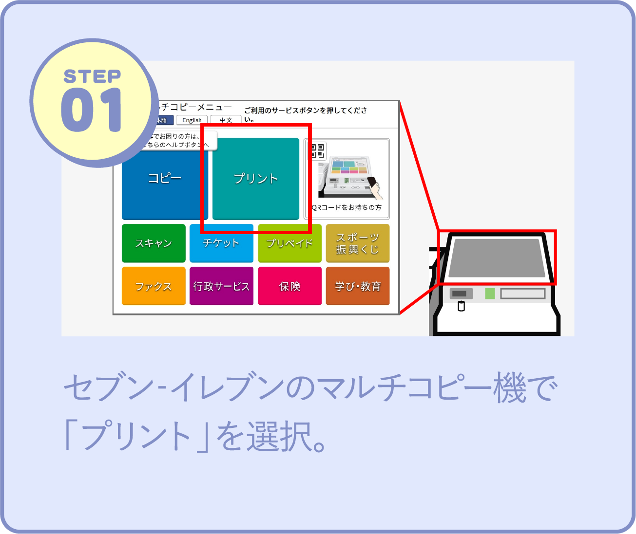 STEP01 セブン‐イレブンのマルチコピー機で「プリント」を選択。