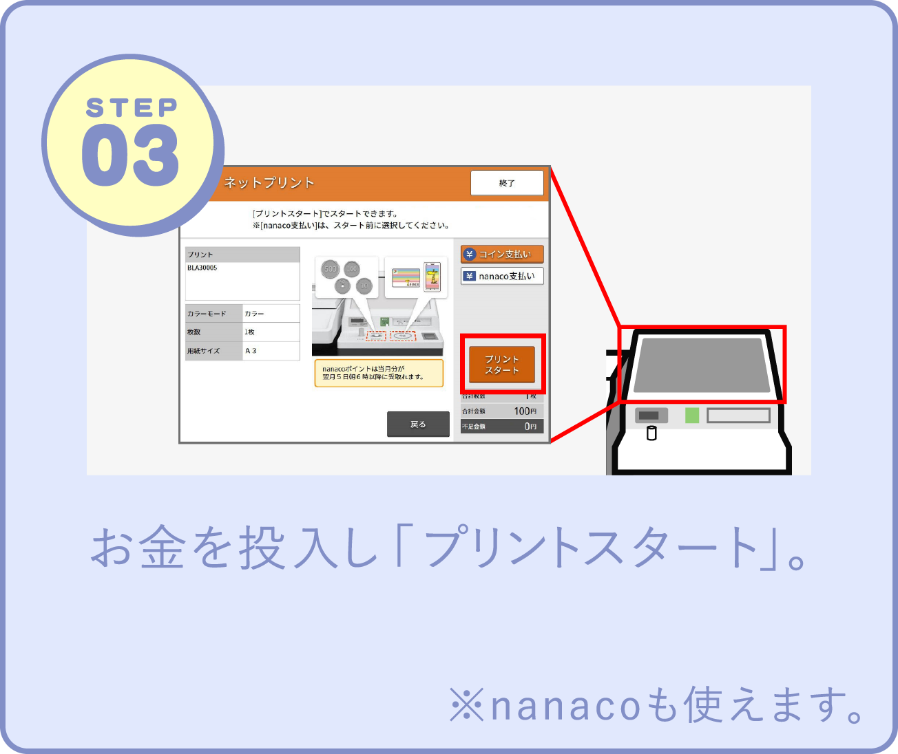 STEP03 お金を投入し「プリントスタート」。 ※nanacoも使えます。