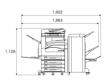 正面図、本体(PFSモデル)＋サイドトレイ＋中とじフィニッシャーC1/フィニッシャーC1装着時。