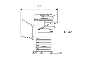 正面図、本体(PFS-4Tモデル)＋サイドトレイ＋フィニッシャーA1装着時。