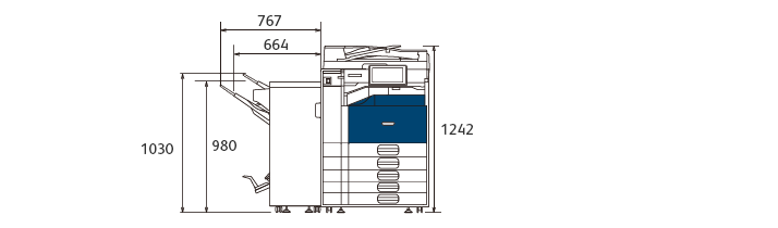 Able 1409 λ Model-CPFS：正面図（オプションの中とじフィニッシャー接続時）。