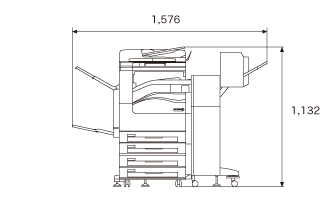 正面図、本体(PFS-4Tモデル)＋サイドトレイ＋フィニッシャーB1＋中とじユニット装着時。