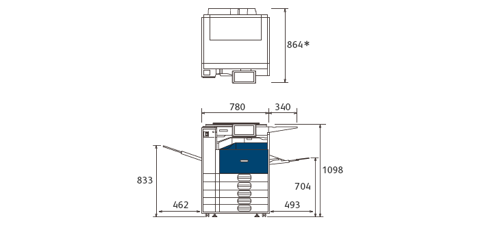 Able 1409 λ Model-DC：（上）上面図、（下）正面図。*操作部を床に垂直な状態から62度回転させた場合。