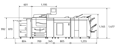 D95 オプションの大容量給紙トレイ(2段)、インターフェースモジュール、大容量スタッカー、中とじフィニッシャーD4、紙折りユニットD4装着時。正面図。