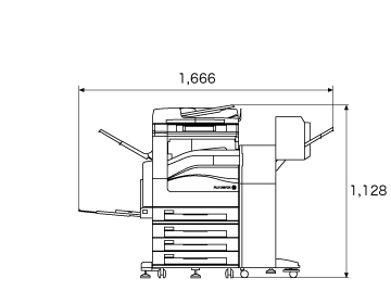 正面図、本体(PFS モデル)＋サイドトレイ＋フィニッシャーB1＋中とじユニット装着時。