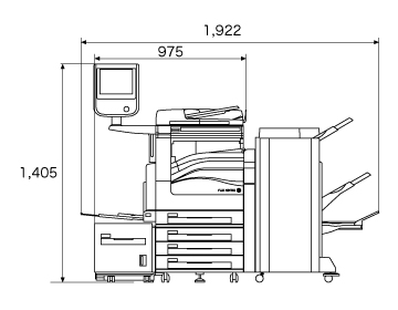 正面図、本体(PFSモデル)＋大型カラー操作パネル＋中とじフィニッシャーC1＋大容量給紙トレイ(1段)装着時。
