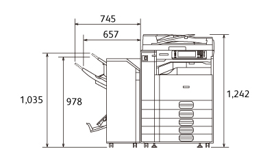 Able 1408 λ Model-P 側面図(オプションの中とじフィニッシャー、中継ユニット TG4接続時)