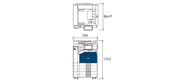 Able 1409 λ Model-CPS：（上）上面図、（下）正面図。*操作部を床に垂直な状態から62度回転させた場合。