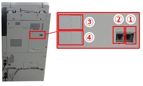 複合機背面の差込口にファクス用回線ケーブルが正しく繋がっているか確認する