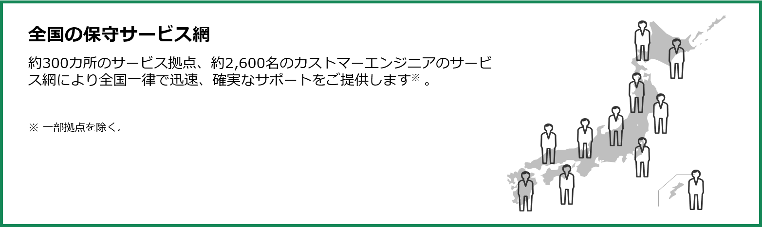  全国の保守サービス網：約300か所のサービス拠点、約2,600名のカストマーエンジニアのサービス網により、全国一律で迅速、確実なサポートをご提供します。