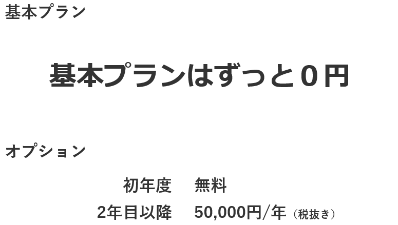 基本プラン　基本プランはずっと0円。オプション　初年度 無料、2年目以降 50,000円/年（税抜き）