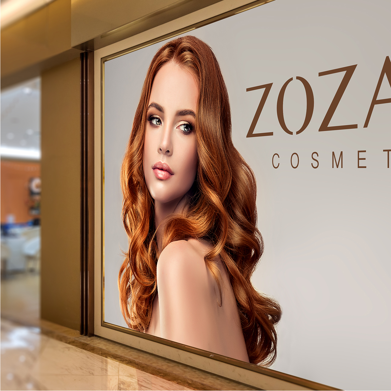 Advertisement featuring a woman with long, wavy red hair