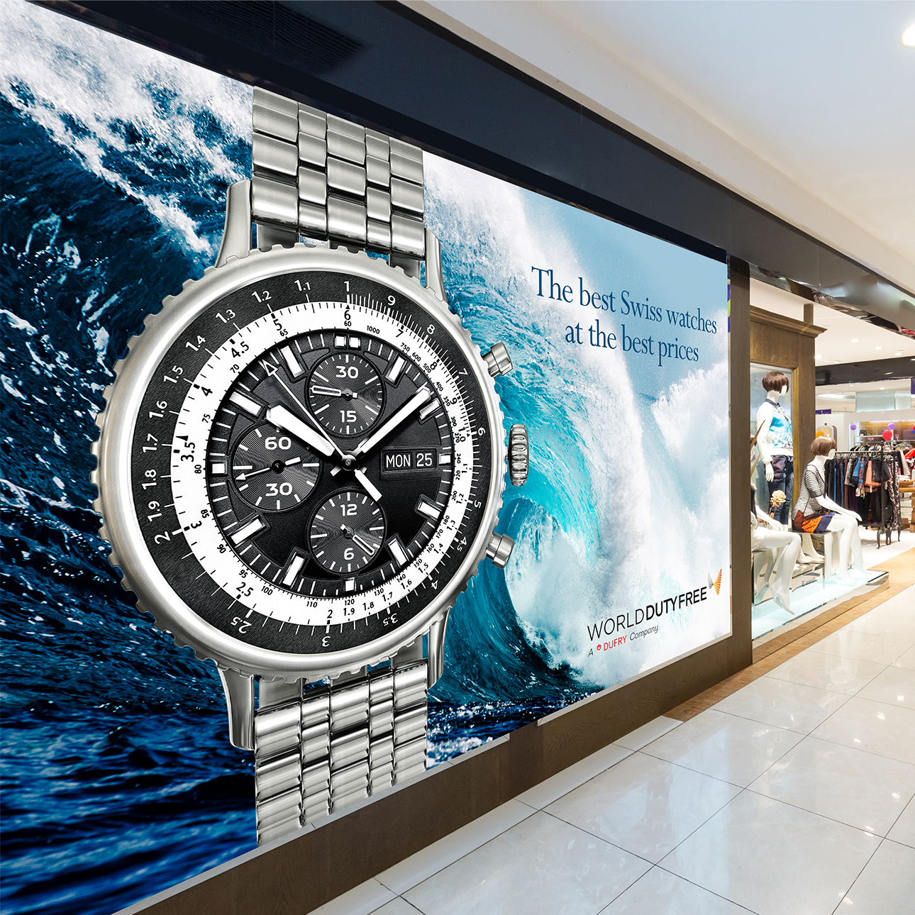 Advertisement showcasing a silver watch.
