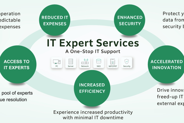 Infographic outlining the benefits of IT Expert Services. Four key advantages are highlighted: reduced IT expenses, enhanced security, increased efficiency, and accelerated innovation. Each point includes brief descriptions, such as predictable expenses, access to a pool of IT experts for timely resolutions, improved productivity with minimal downtime, and protection against security breaches, contributing to overall operational effectiveness.
