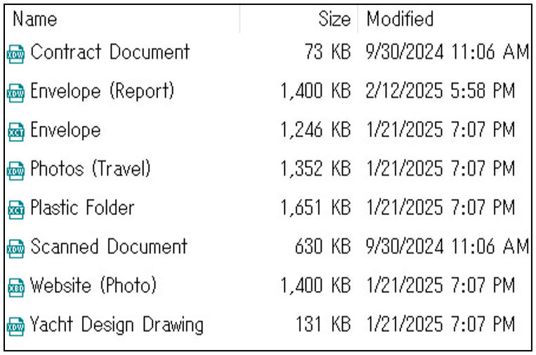 List of documents and their details, including "Contract Document," "Envelope (Report)," "Photos (Travel)," and others. Each entry shows the file size in kilobytes and the last modified date and time.