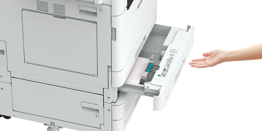 The scene of opening the paper tray of a multifunction printer