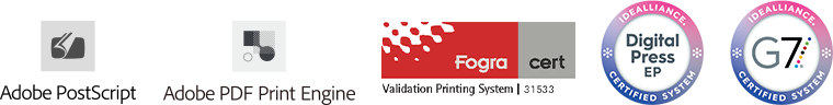 Various logos as Adobe PostScript, Adobe PDF Pirnt Engine, Fogra VPS certification, IDE Aliance Digital Press EP and IDE Aliance G7.