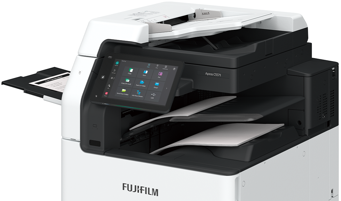 A multifunctional printer that ejects paper from three different locations.