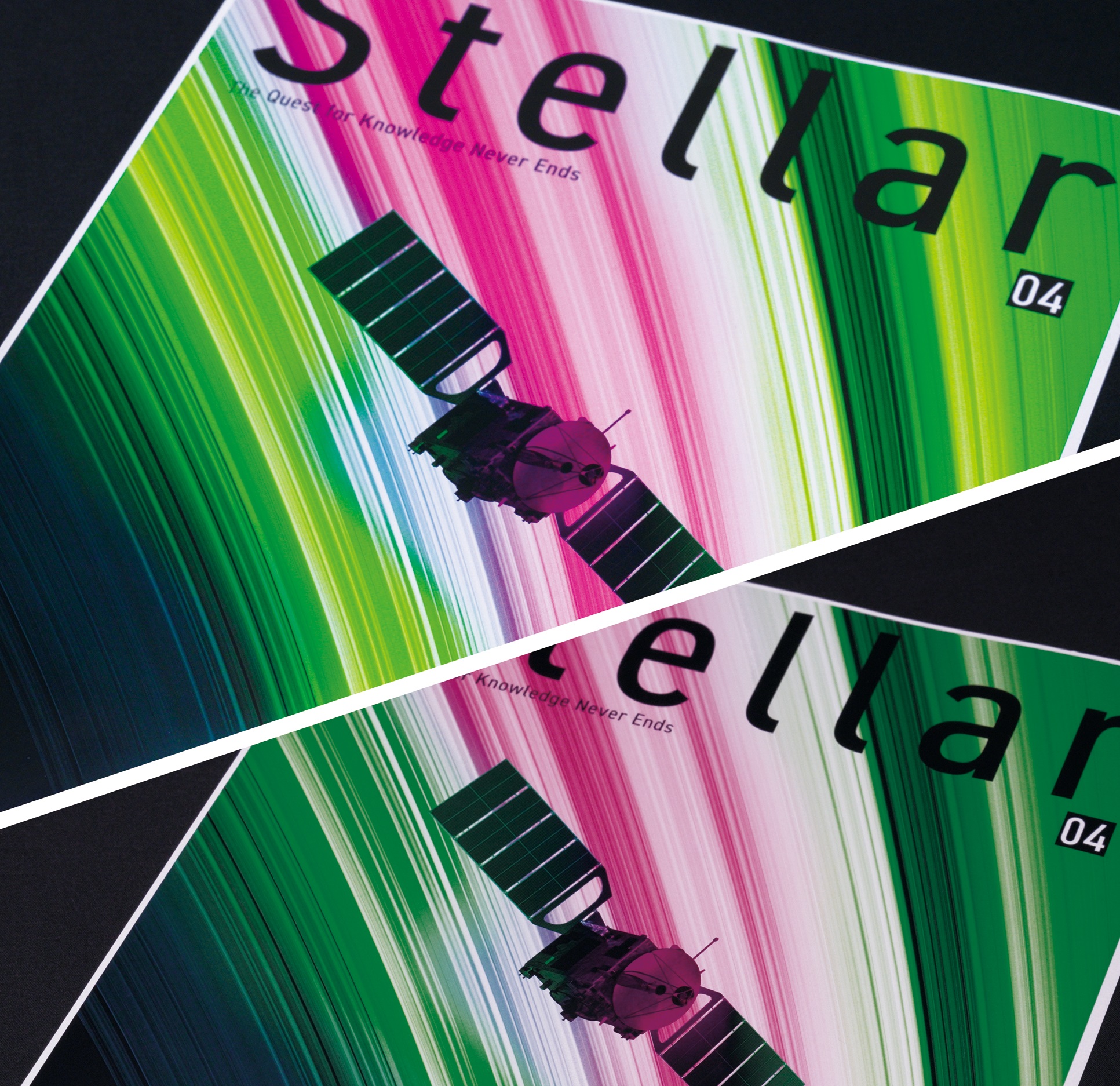 Side-by-side comparison of two magazine covers showing print quality differences: one printed in CMYK with green and pink specialty toners, and the other printed in CMYK only.