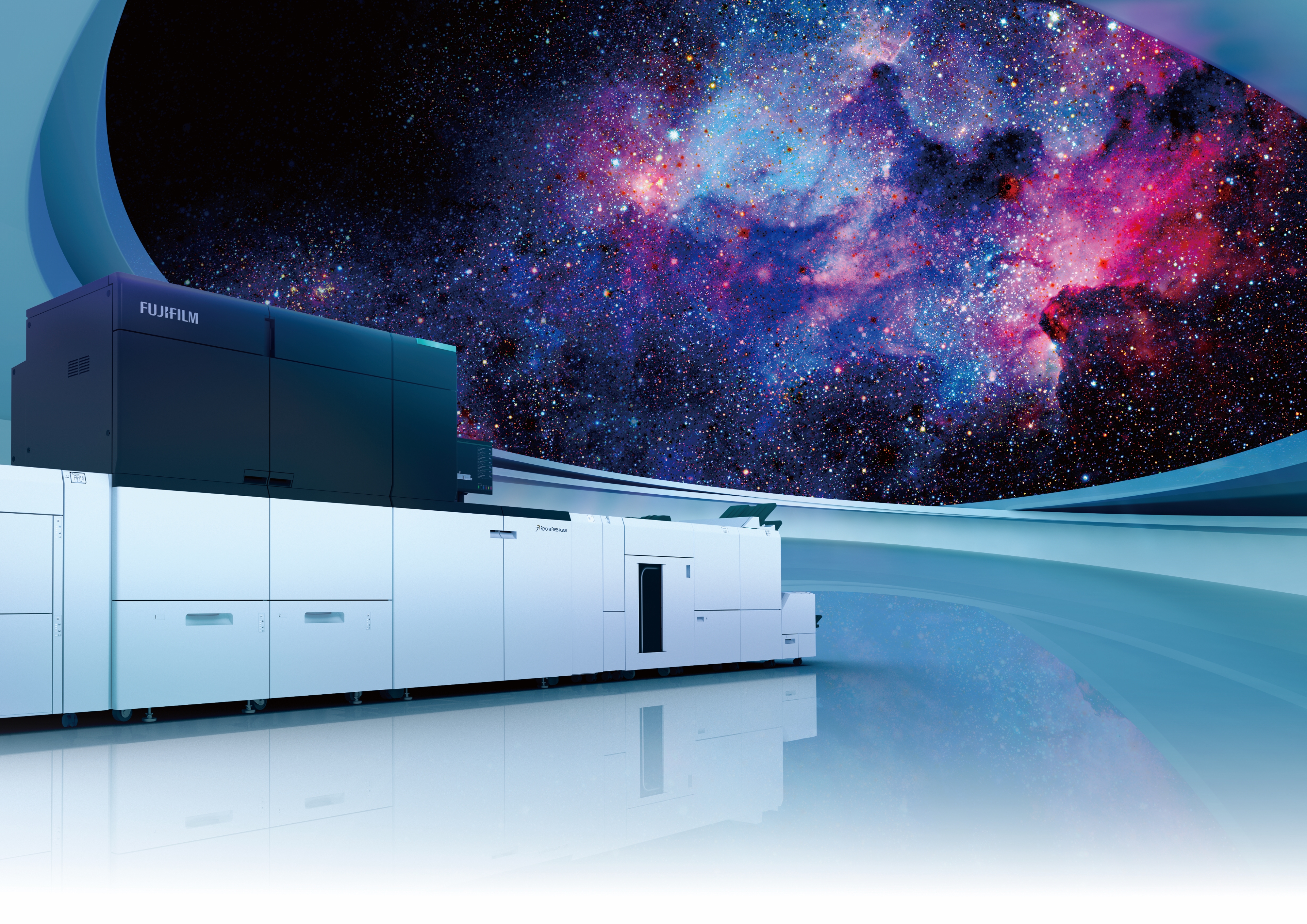 Revoria Press 2120 in a futuristic setting with a vivid galaxy backdrop