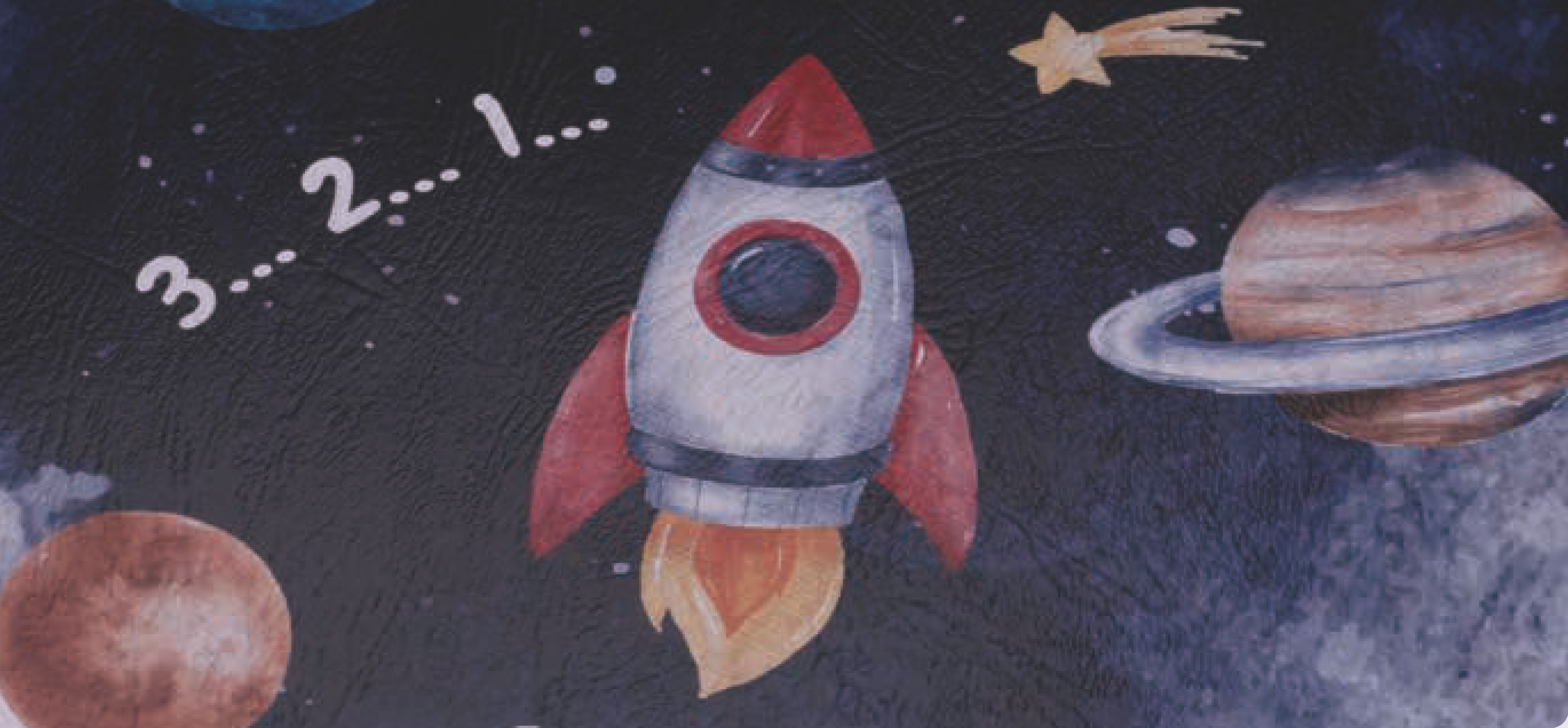 Printed design featuring a rocket and planets on a dark textured background, demonstrating the use of textured paper toner for high-quality printing on challenging surfaces.