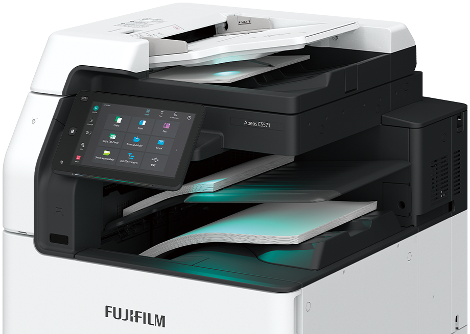 The output tray of the multifunctional printer is illuminated by a light, alerting the user to papers left behind.